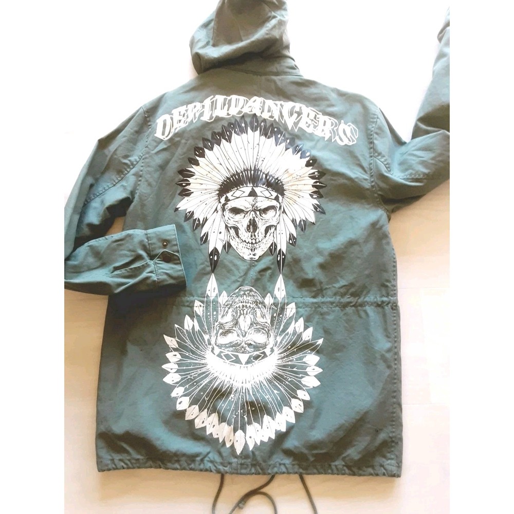 Punk Royal Jacket Utility Military Style Mens Large Green Hooded Skulls Pockets